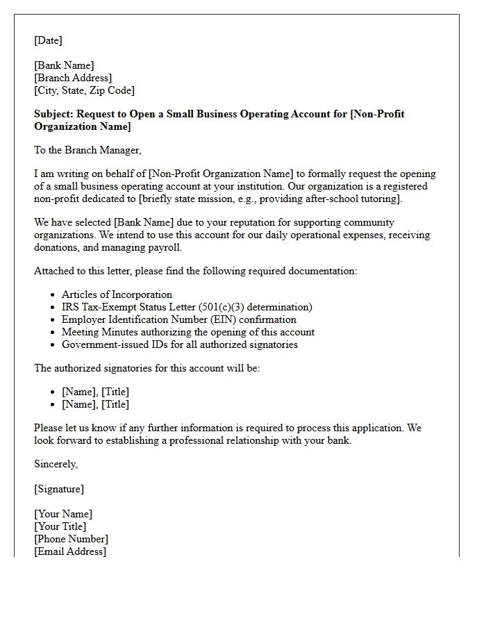 Letter Of Request For Non-Profit Organization Small Business Operating Account Opening