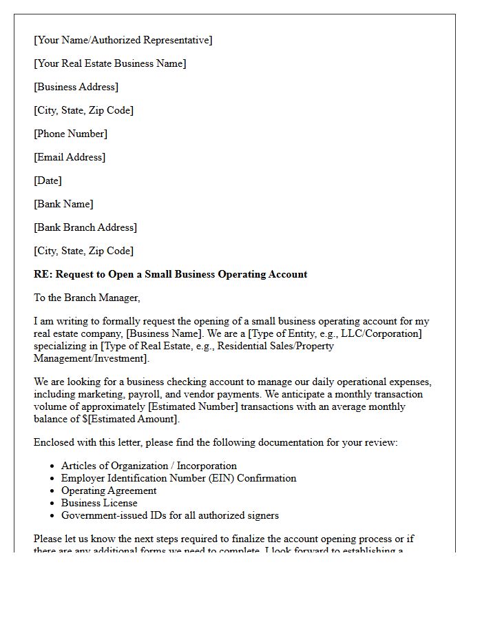 Letter Of Request For Real Estate Small Business Operating Account Opening