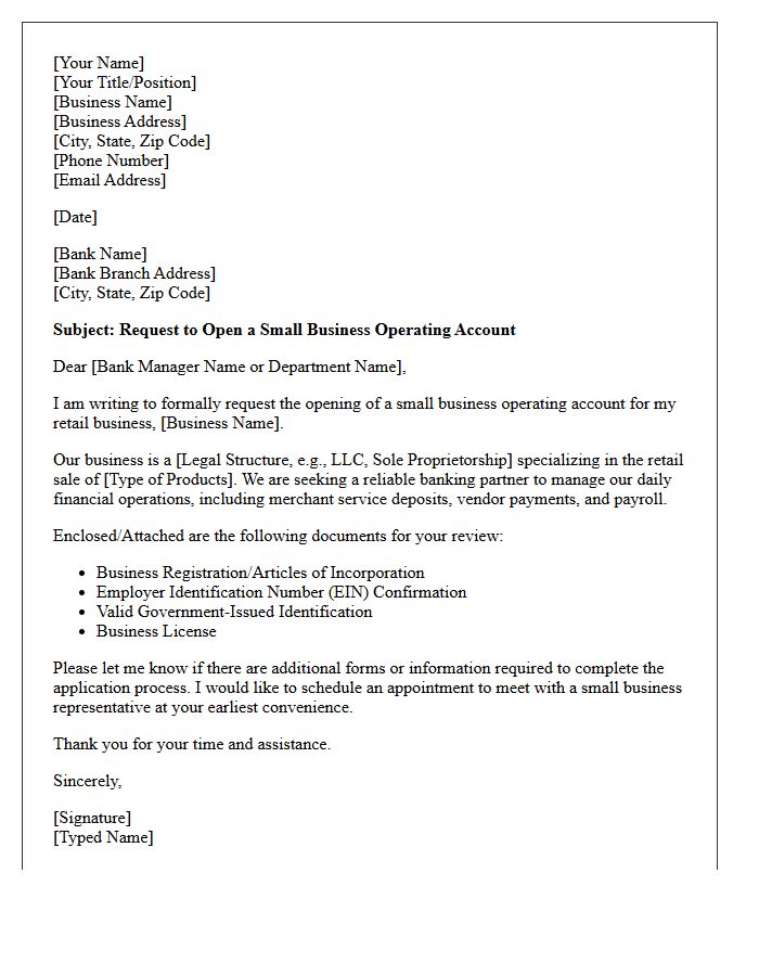 Letter Of Request For Retail Store Small Business Operating Account Opening