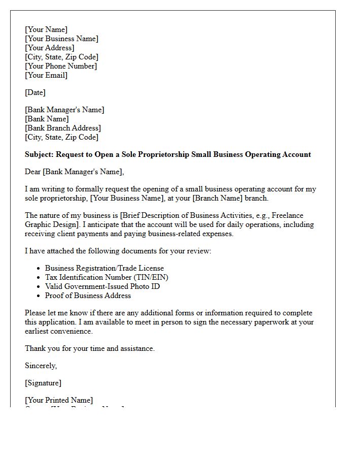 Letter Of Request For Sole Proprietorship Small Business Operating Account Opening