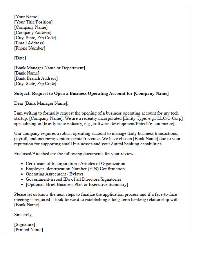 Letter Of Request For Tech Startup Small Business Operating Account Opening