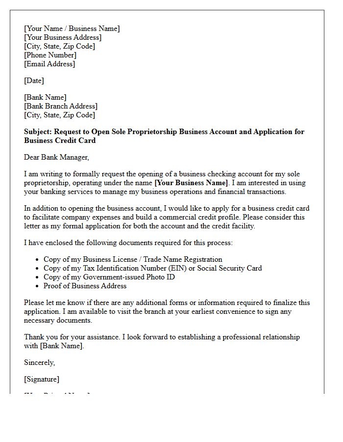 Letter Of Request For Sole Proprietorship Account Opening And Business Credit Card Application