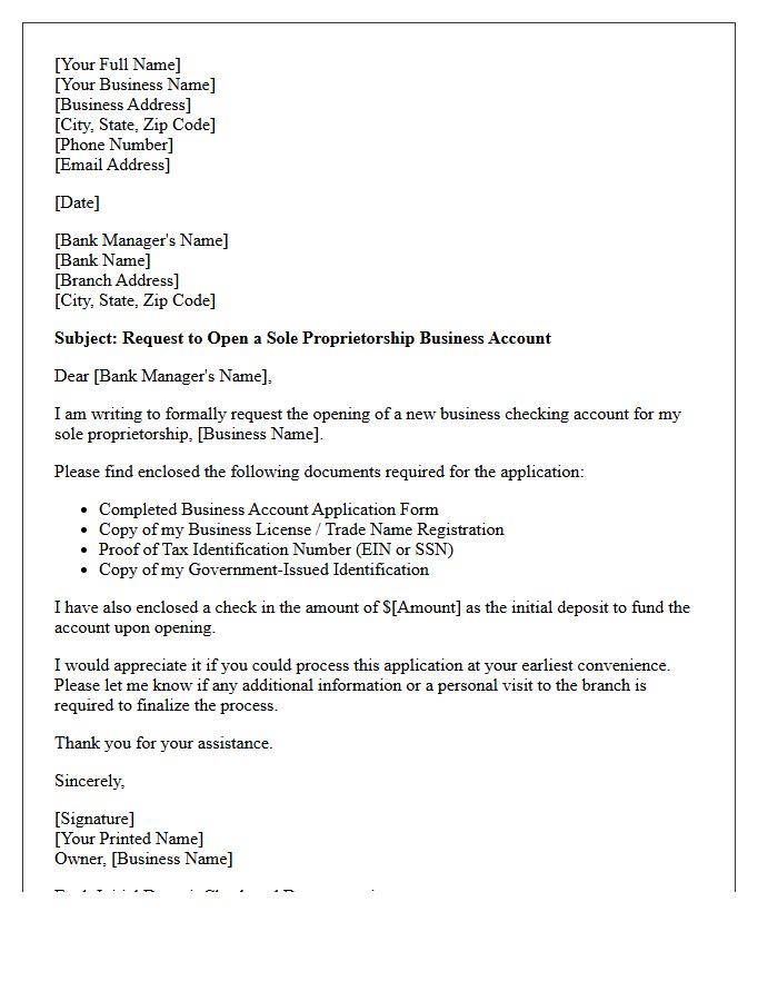 Letter Of Request For Sole Proprietorship Account Opening With Initial Deposit Enclosed