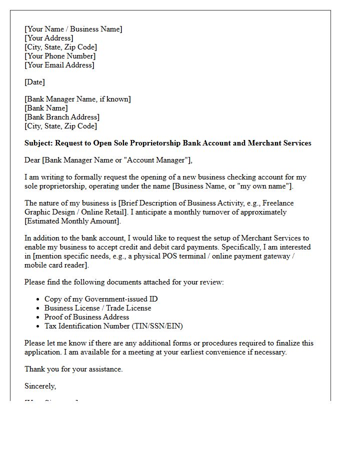 Letter Of Request For Sole Proprietorship Account Opening With Merchant Services Setup