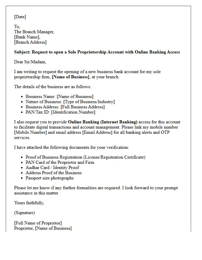 Letter Of Request For Sole Proprietorship Account Opening With Online Banking Access