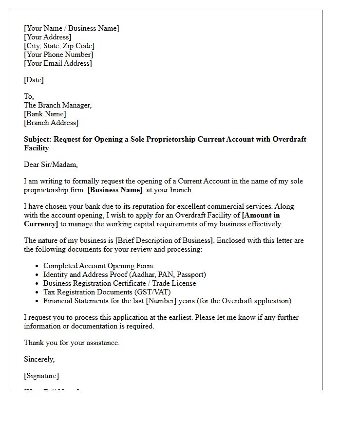 Letter Of Request For Sole Proprietorship Account Opening With Overdraft Facility Setup