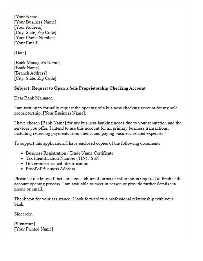Letter Of Request For Sole Proprietorship Checking Account Opening