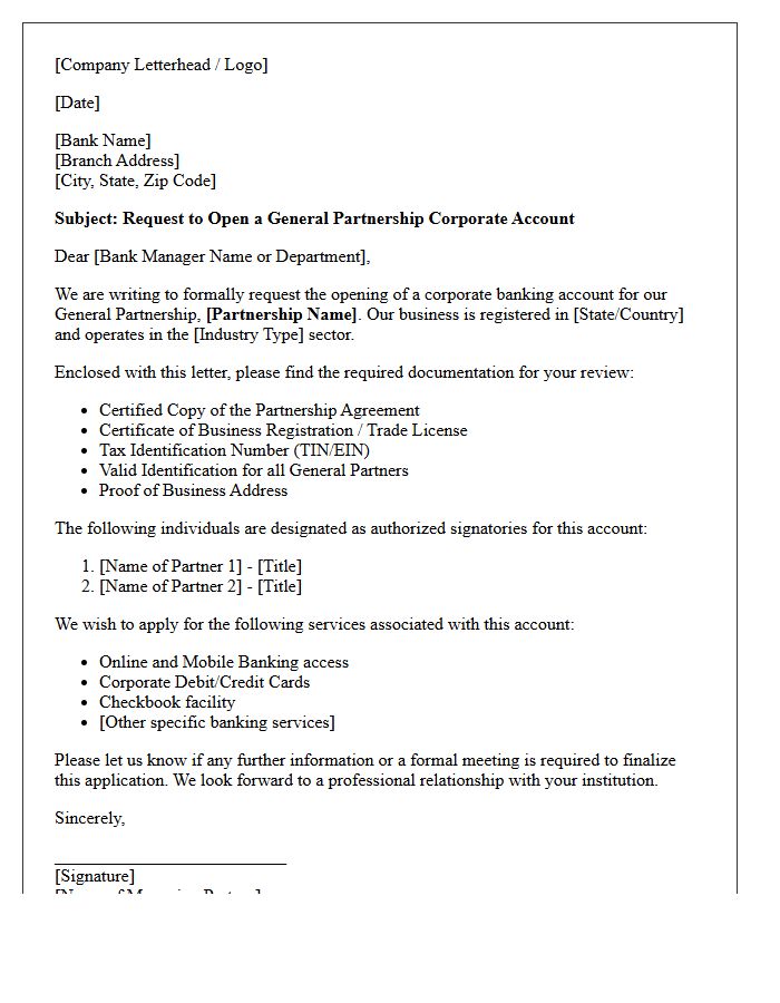Corporate Letter of Request for General Partnership Account Opening Services