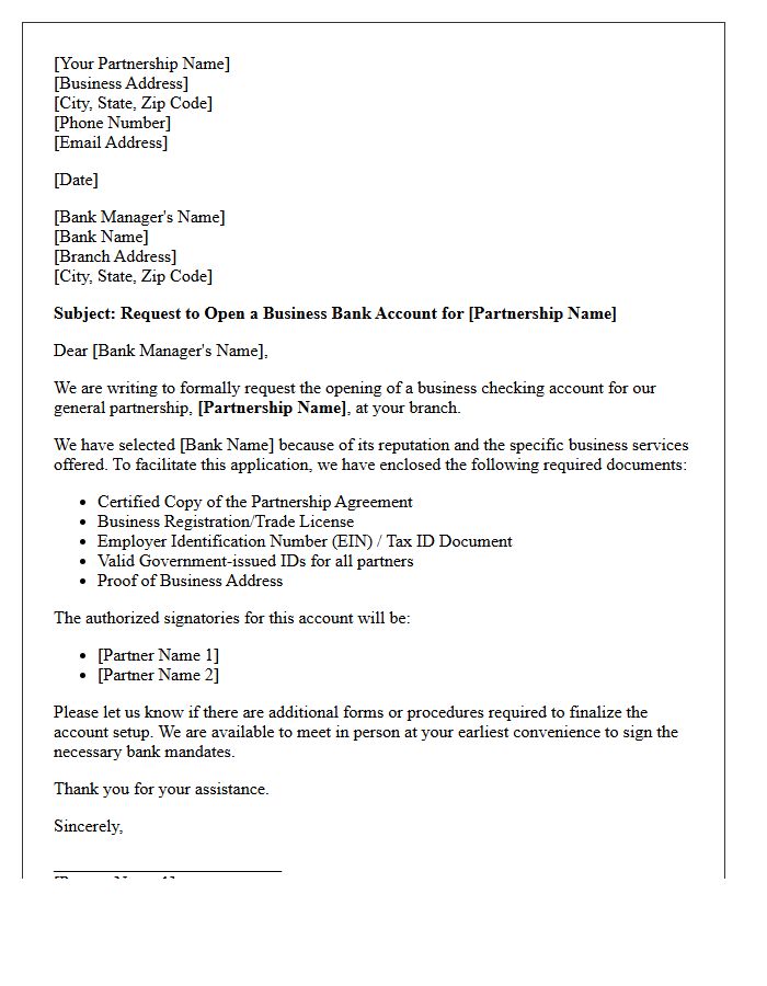 Formal Letter of Request for General Partnership Bank Account Opening