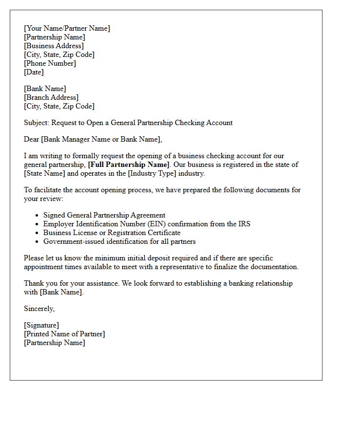 Initial Letter of Request for General Partnership Checking Account Opening