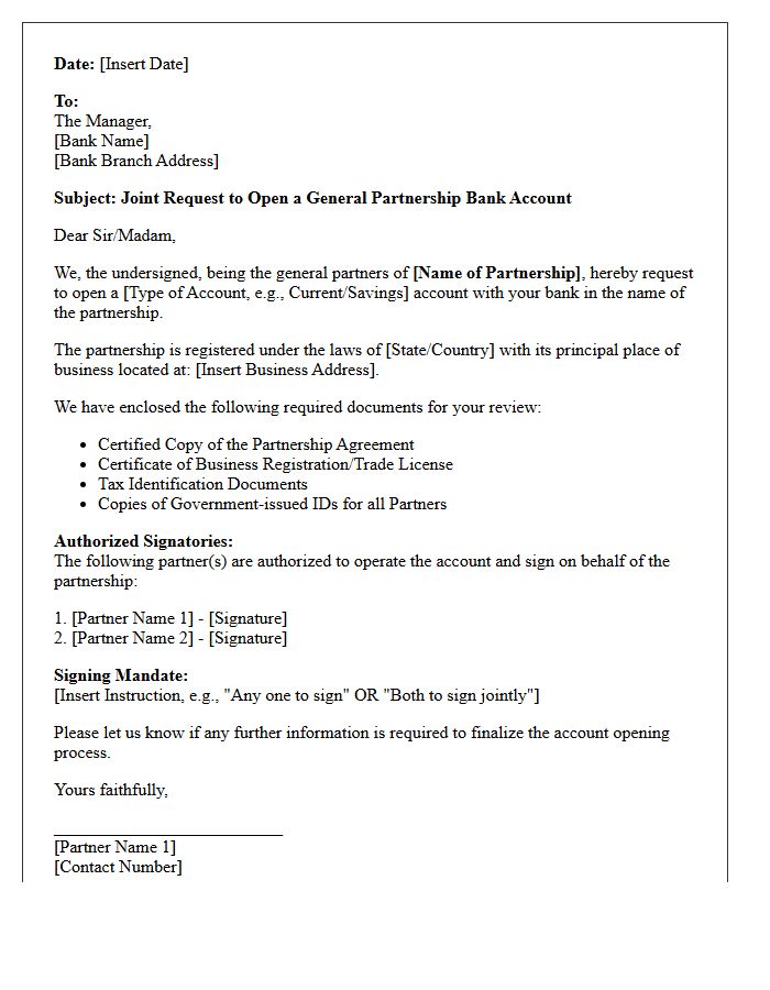 Joint Letter of Request for General Partnership Account Opening