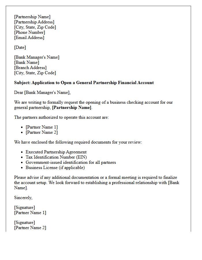 Letter of Application for Opening a General Partnership Financial Account