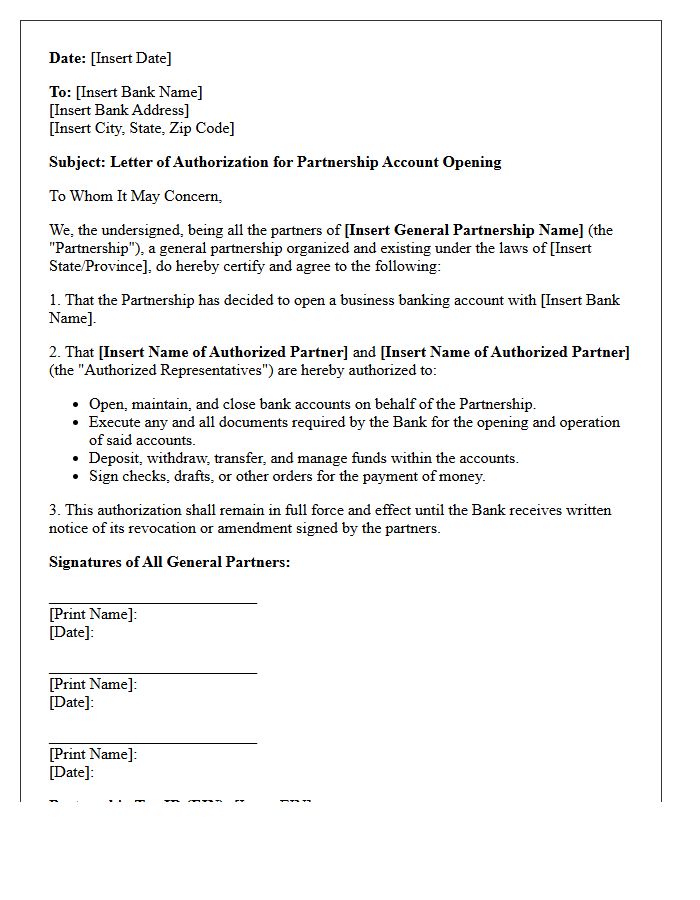Letter of Authorization for General Partnership Account Opening