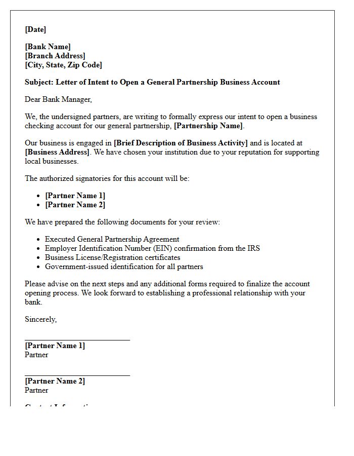 Letter of Intent for General Partnership Business Account Opening