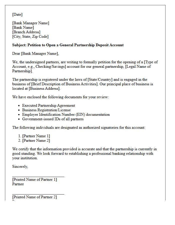 Letter of Petition for General Partnership Deposit Account Opening