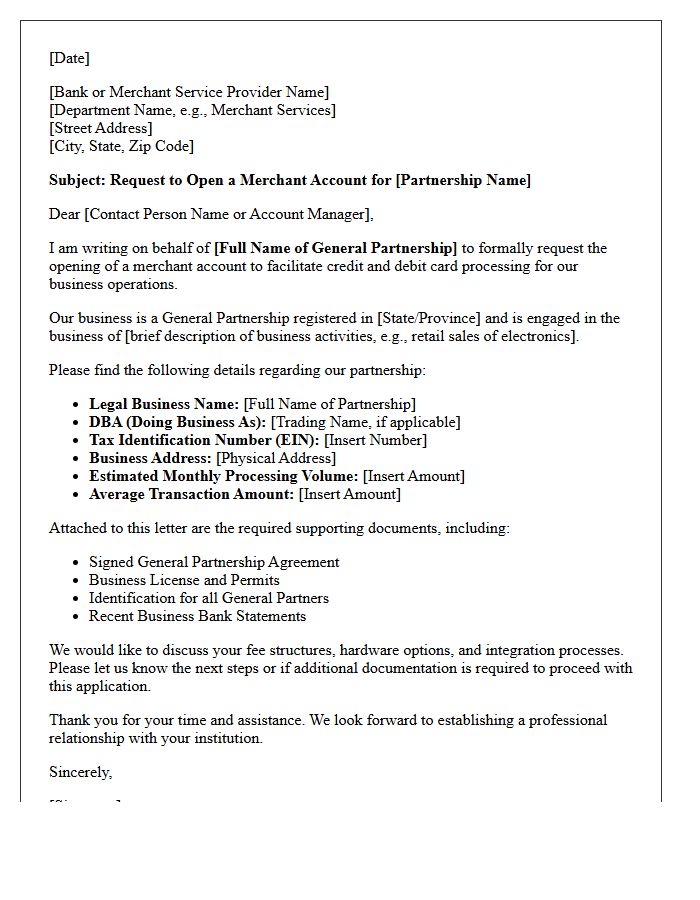 Letter of Request for General Partnership Merchant Account Opening