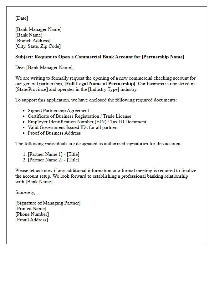 Official Letter of Request for General Partnership Commercial Account Opening