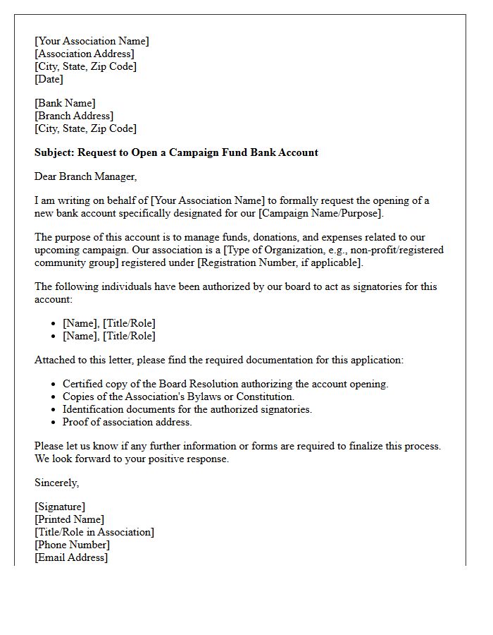 Letter of Request for Association Campaign Fund Account Opening