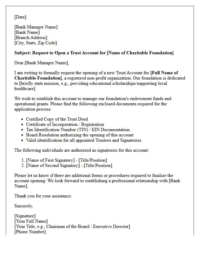 Letter of Request for Charitable Foundation Trust Account Opening