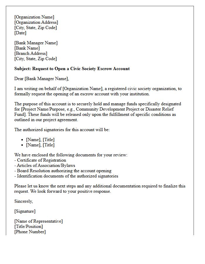 Letter of Request for Civic Society Escrow Account Opening