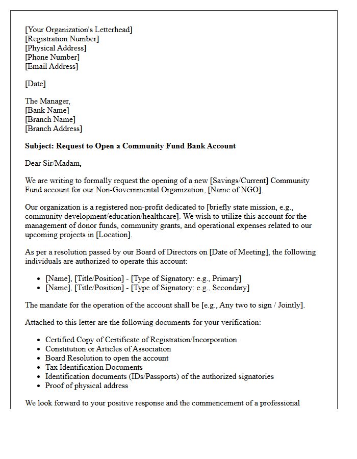 Letter of Request for Non-Governmental Organization Community Fund Account Opening