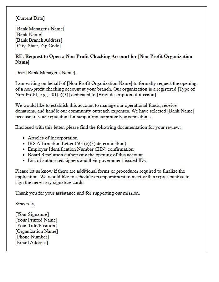 Letter of Request for Non-Profit Checking Account Opening