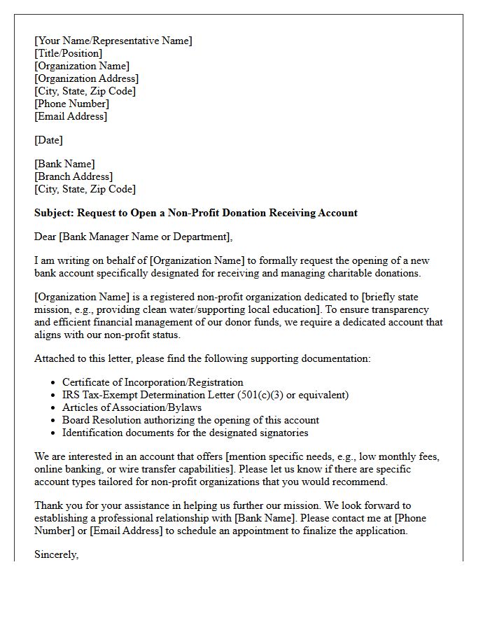 Letter of Request for Non-Profit Donation Receiving Account Opening