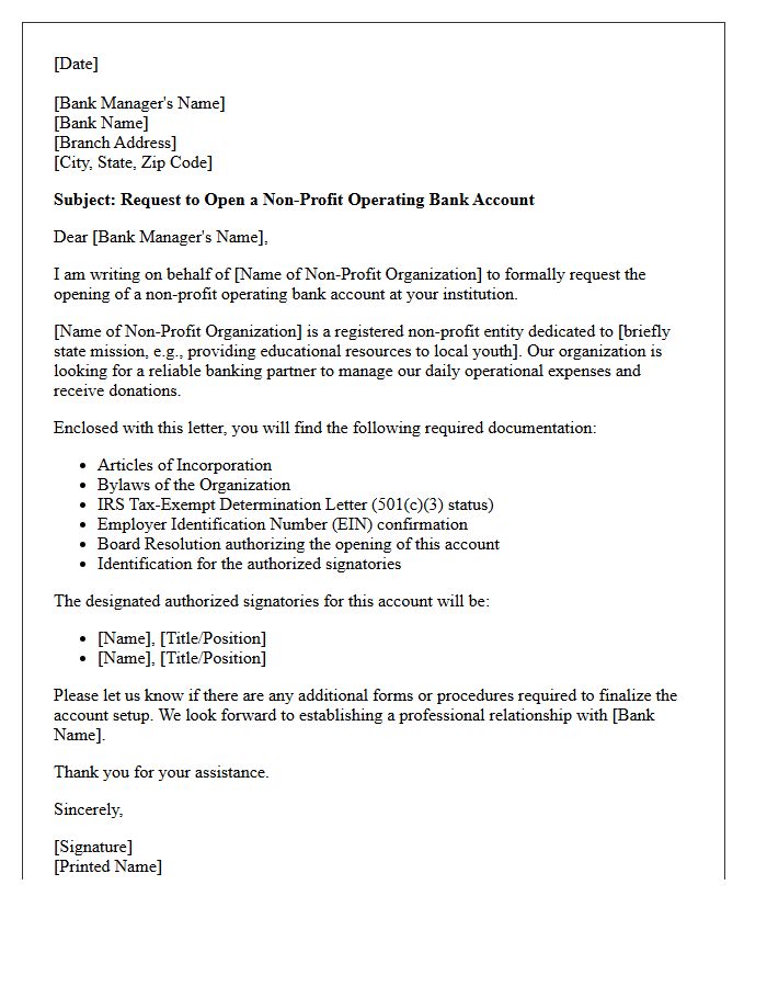 Letter of Request for Non-Profit Operating Account Opening
