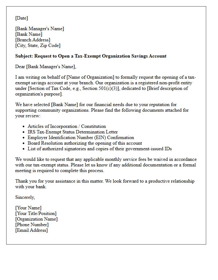 Letter of Request for Tax-Exempt Organization Savings Account Opening