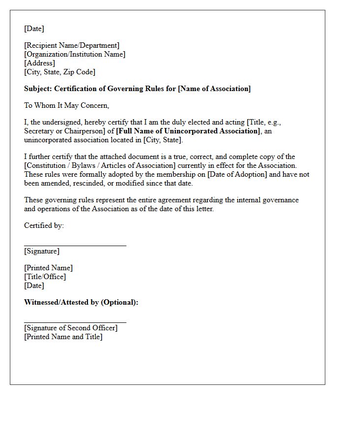Letter of Certification for Unincorporated Association Governing Rules
