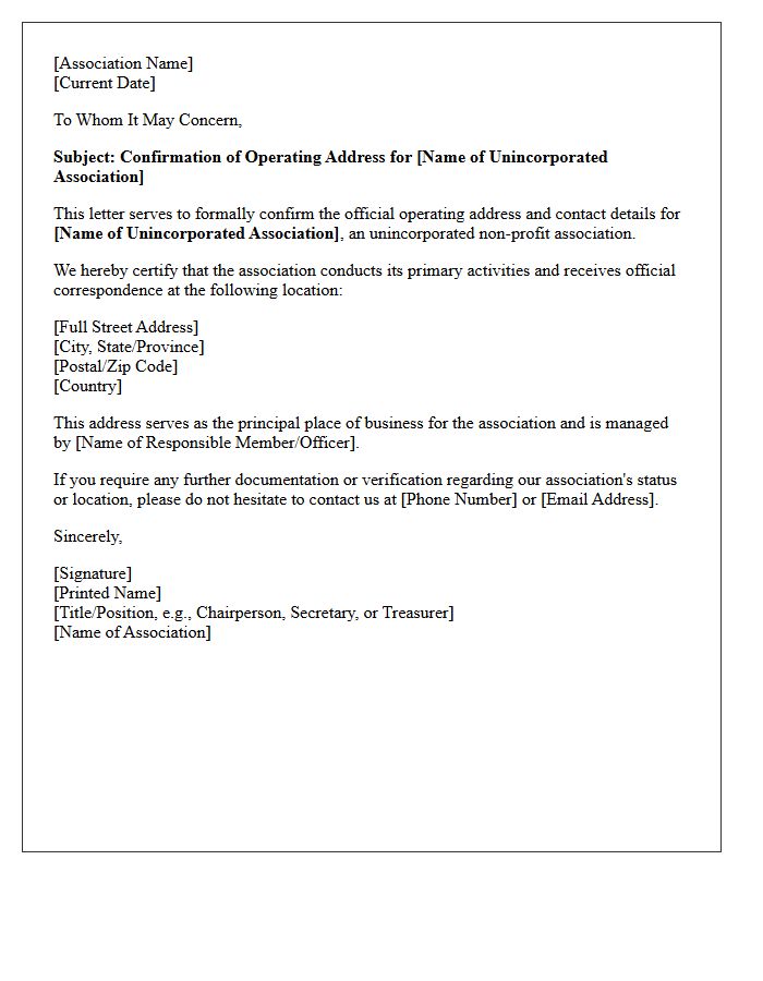 Letter of Confirmation for Unincorporated Association Operating Address