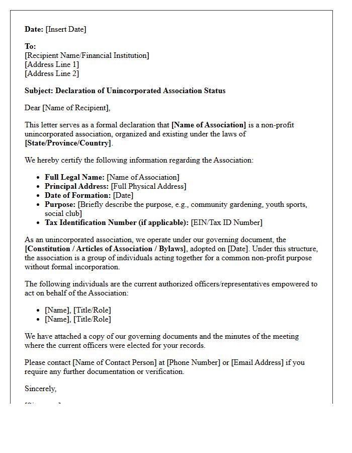 Letter of Declaration of Unincorporated Association Legal Status