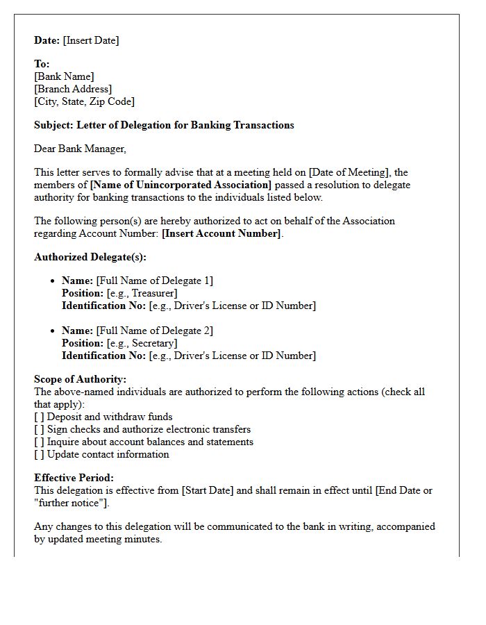 Letter of Delegation for Unincorporated Association Banking Transactions