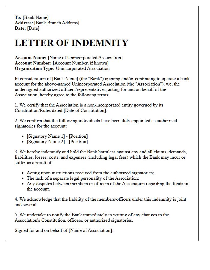 Letter of Indemnity for Unincorporated Association Bank Account