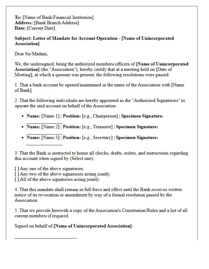 Letter of Mandate for Unincorporated Association Account Operation
