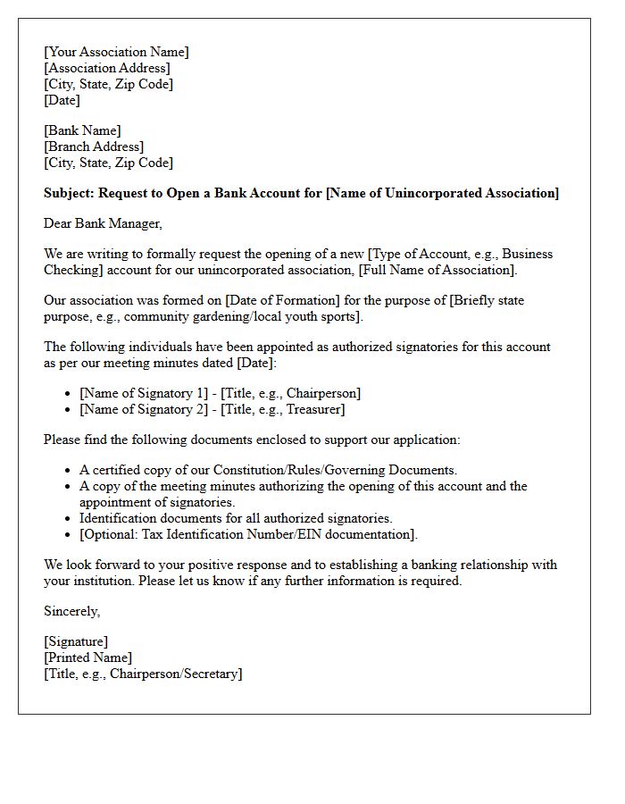 Letter of Request for Unincorporated Association Account Opening