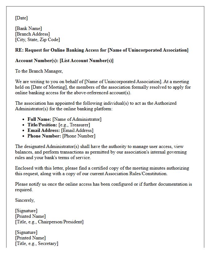 Letter of Request for Unincorporated Association Online Banking Access