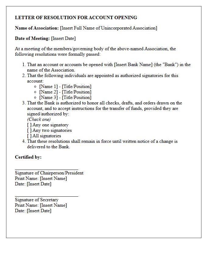Letter of Resolution for Unincorporated Association Account Opening