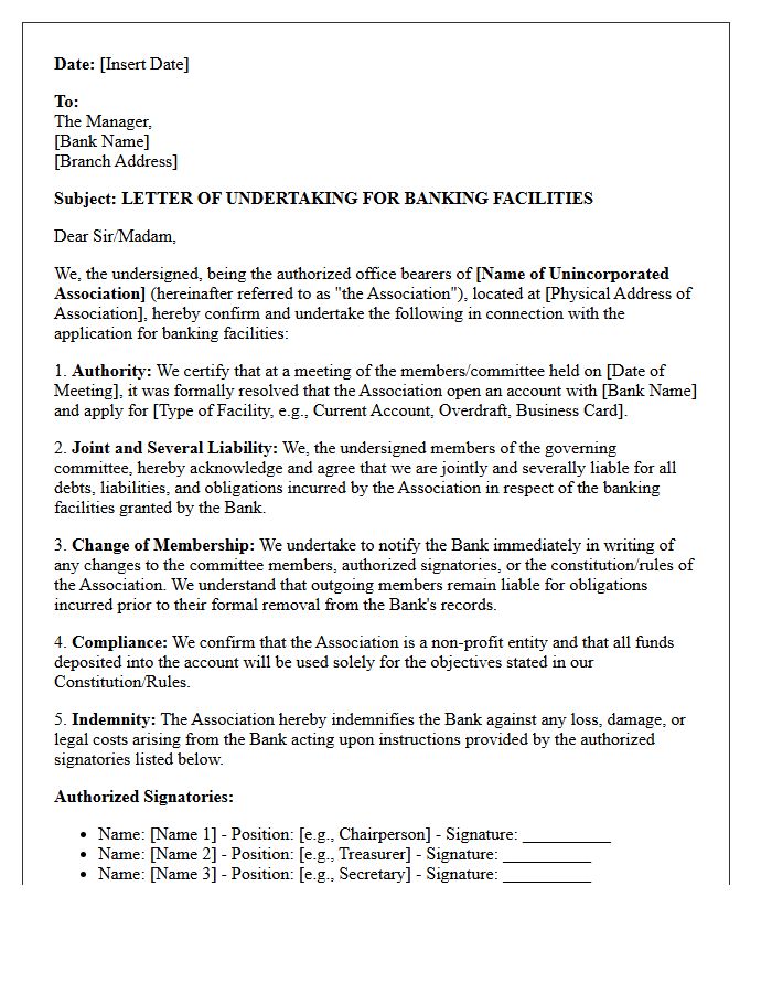 Letter of Undertaking for Unincorporated Association Banking Facilities