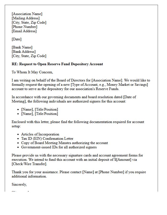 Banking Request Letter for Association Reserve Funds Depository