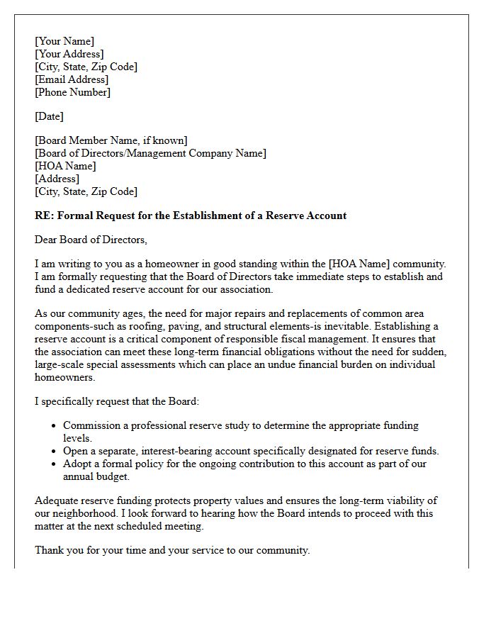 Formal Letter Requesting Homeowners Association Reserve Account Establishment