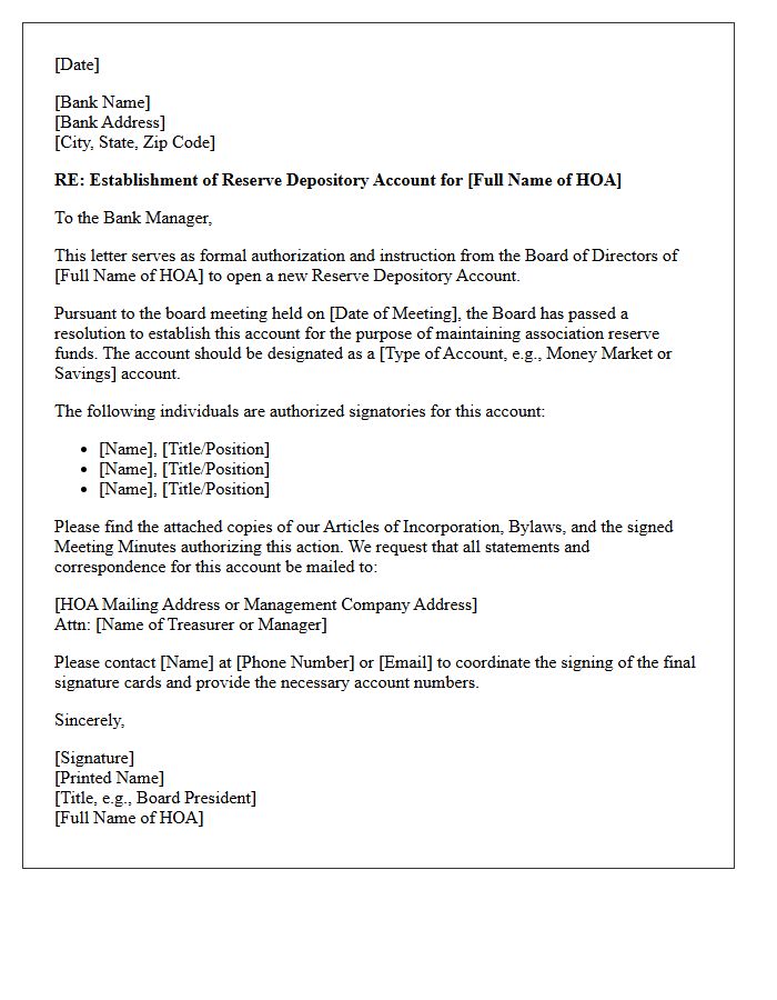 Homeowners Association Board Letter for Reserve Depository Account Creation