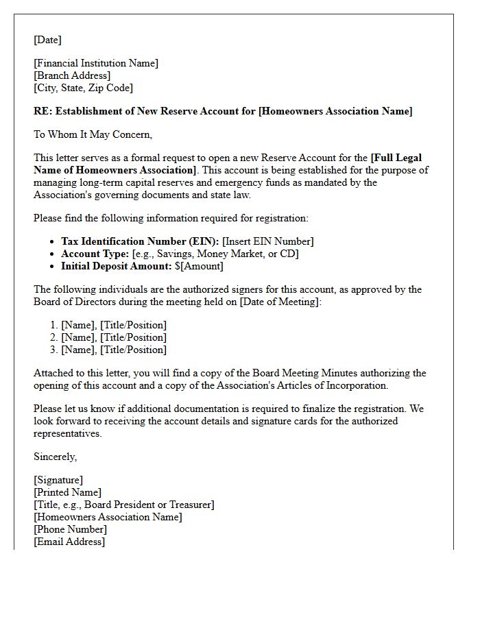 Homeowners Association Letter for New Reserve Account Registration