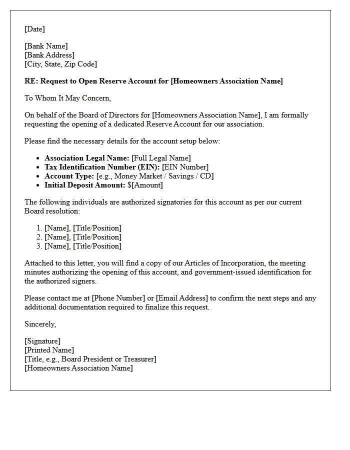 Institutional Letter Requesting Reserve Account for Homeowners Association