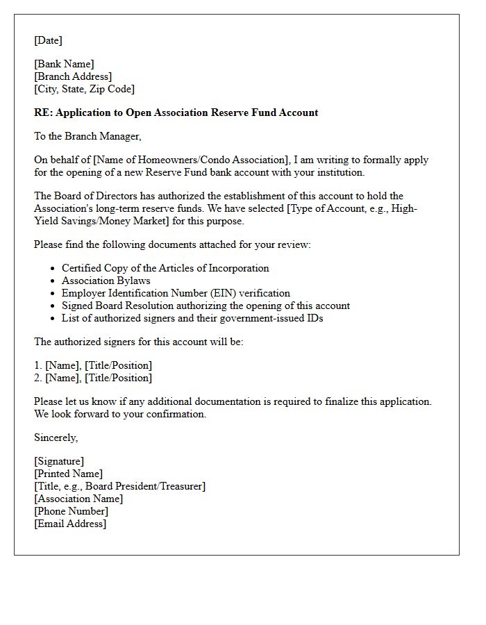 Letter of Application for Association Reserve Fund Bank Account