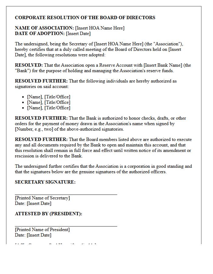 Letter of Corporate Resolution for Homeowners Association Reserve Account Opening