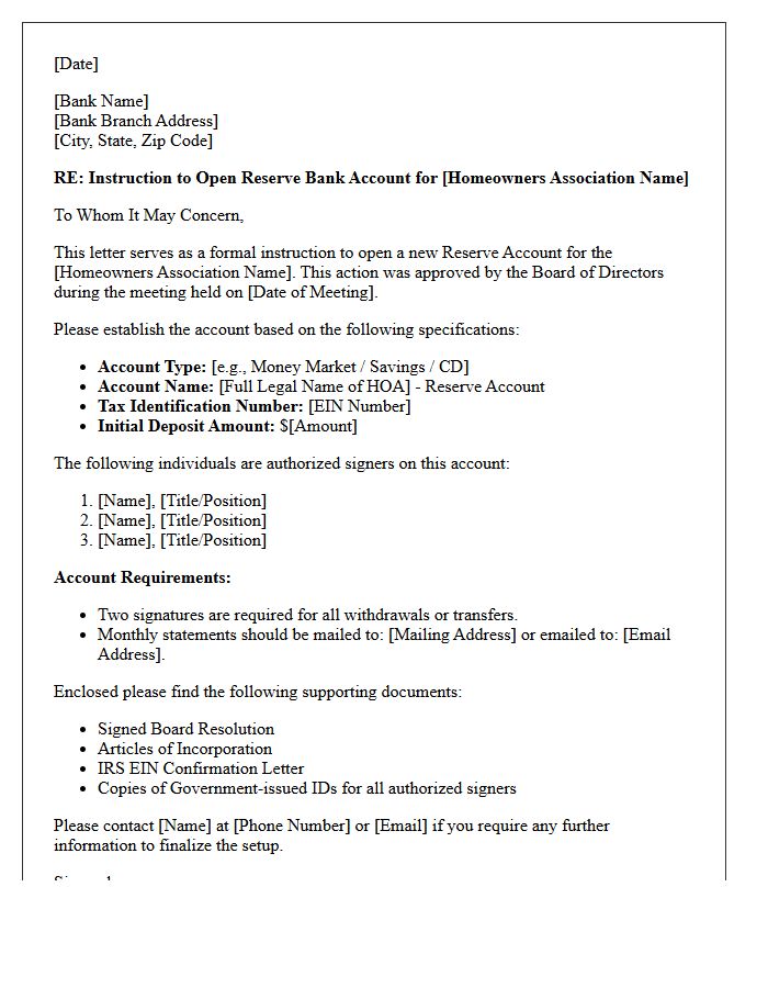 Letter of Instruction for Homeowners Association Reserve Bank Account Setup