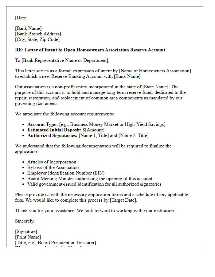 Letter of Intent to Establish Homeowners Association Reserve Banking Account
