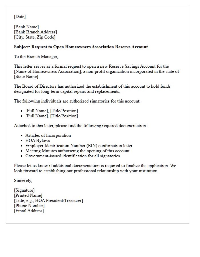 Letter of Request for Homeowners Association Reserve Account Opening