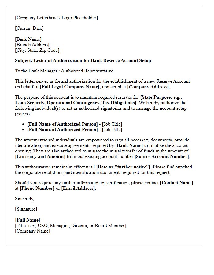 Official Letter of Authorization for Bank Reserve Account Setup